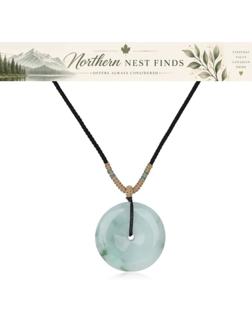 Jadeite Jade Donut Pendant Necklace Adjustable Nylon Cord Protection
